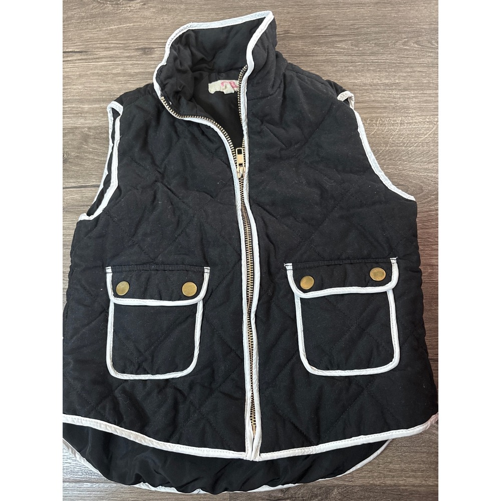 GB Girls Black Quilted Puffer Vest White Trim Gold Snaps Size 6X